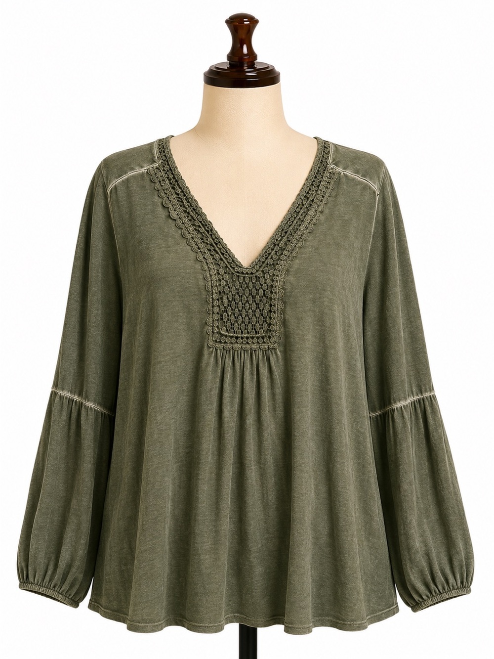 Olive Green Crocheted V-Neck Tunic Top - Women's Long Sleeve 1X